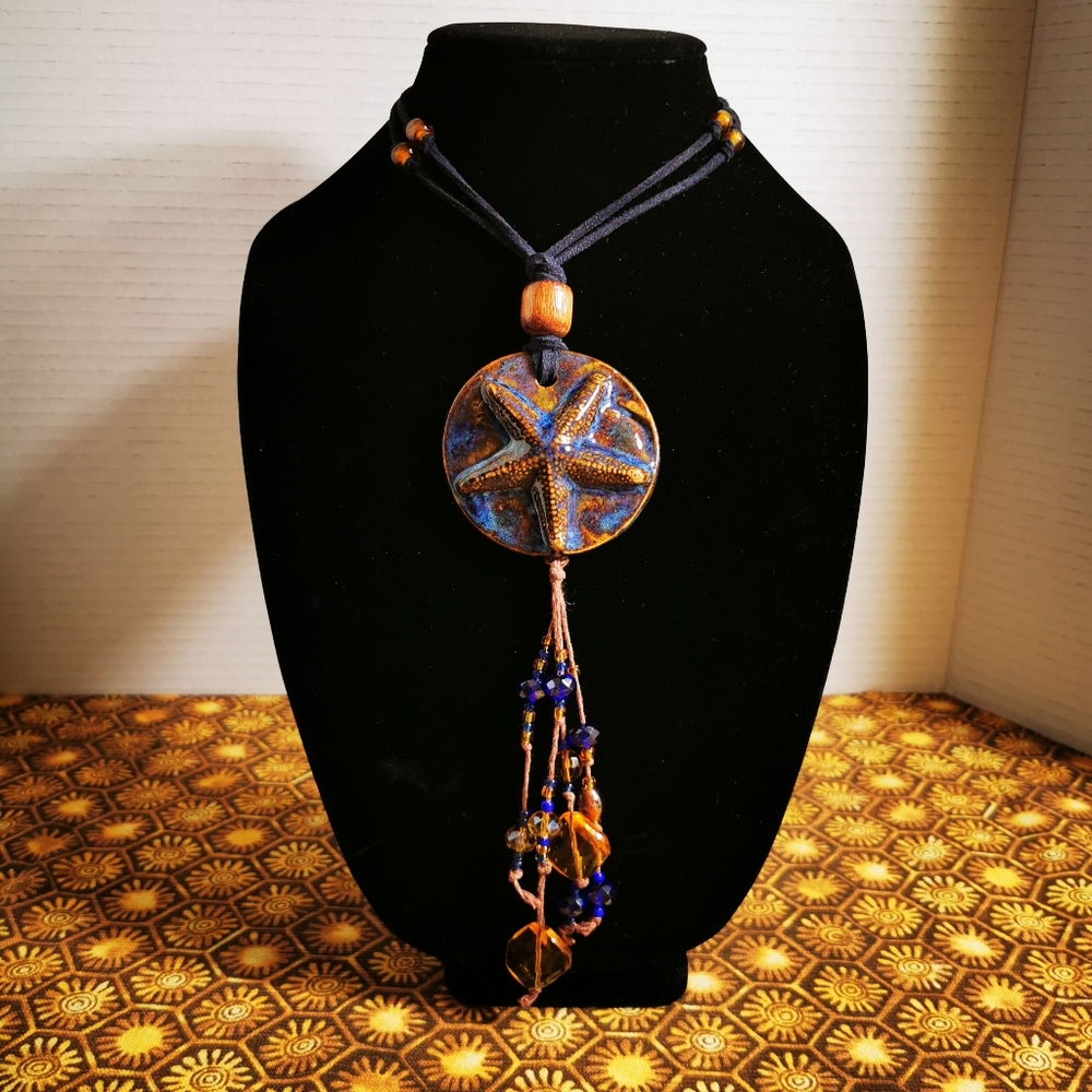 Pottery Starfish Necklace on Leather Cords with Dangling Glass Beads